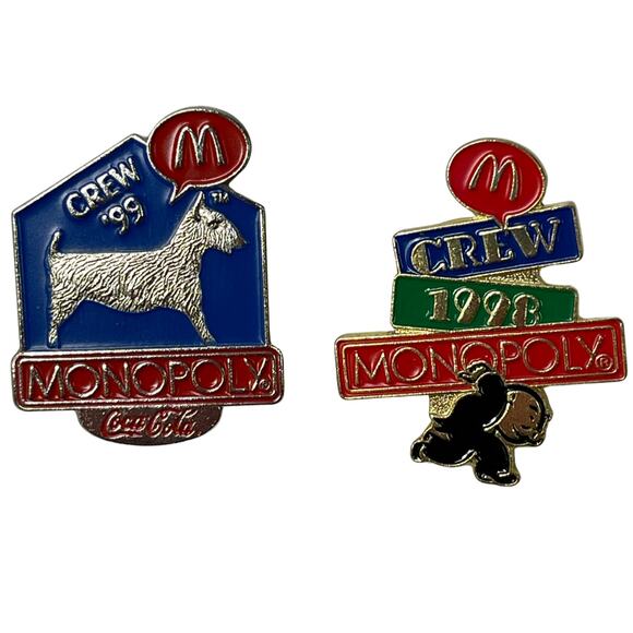 2PCS Vintage McDonalds Lapel Pin Crew 99' Monopoly Crew Coca-cola Dog Rich Uncle - Picture 1 of 2